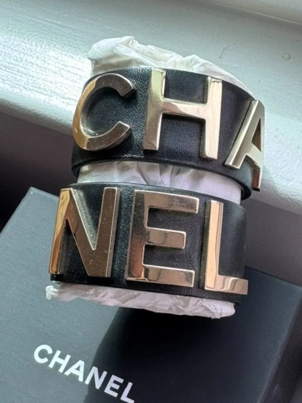 CHANEL Spring 2019 Runway Black Calfskin Leather Cuff Bracelet Set w/ box